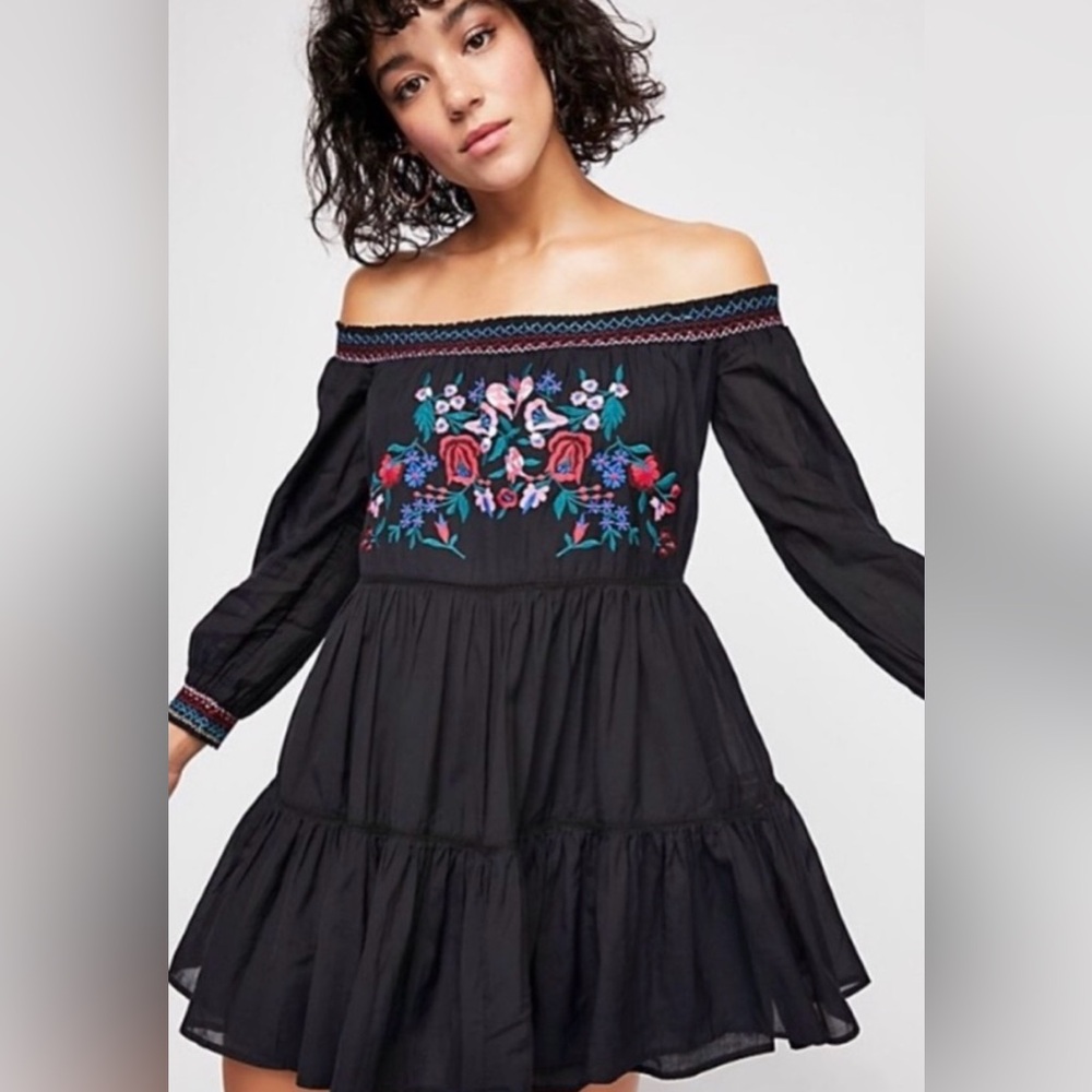 Free People Sunbeams Embroidered Dress Black Boho Cottagecore Womens Size M